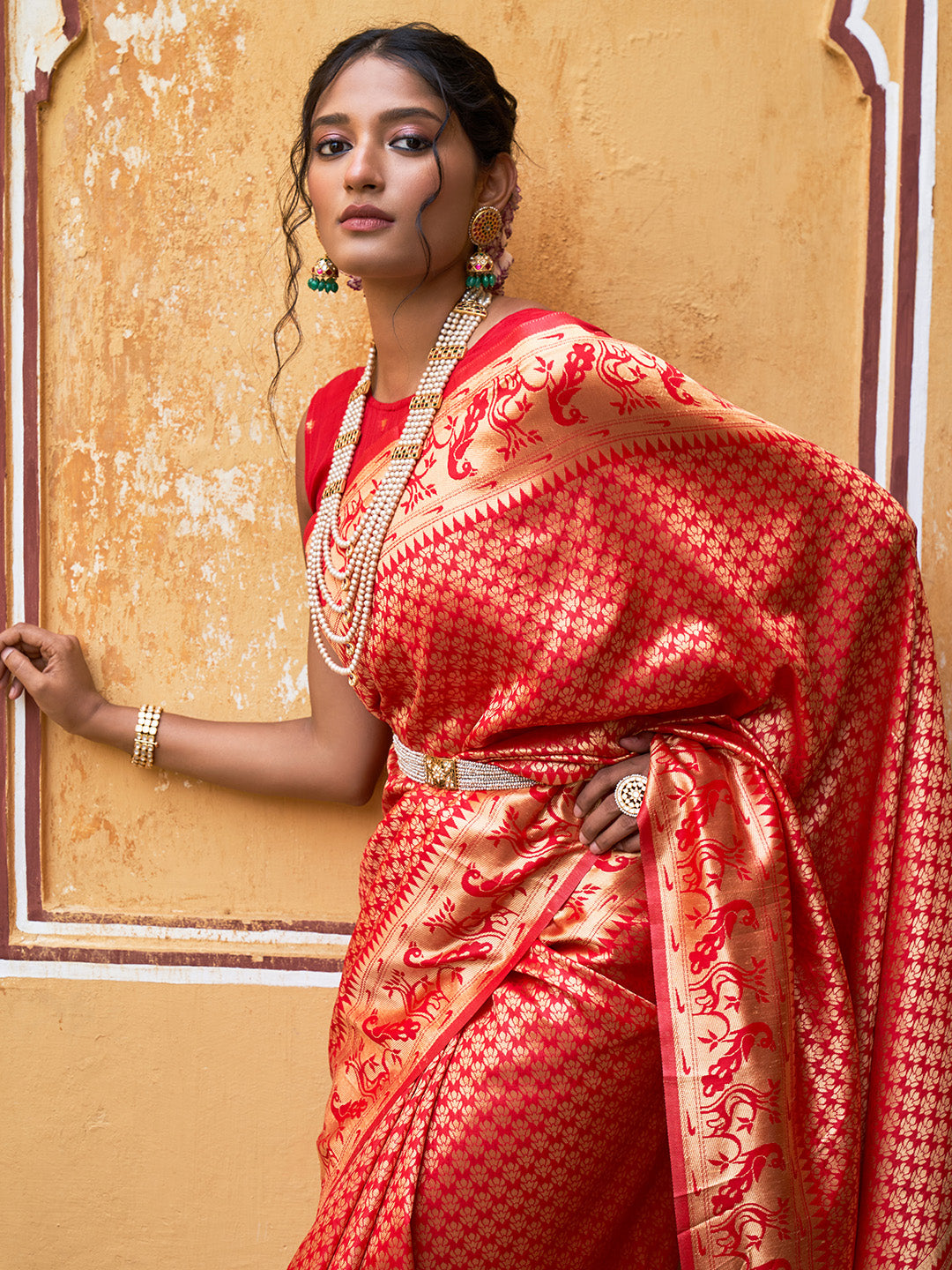 Janasya Red Paithani Silk Woven Ethnic Motifs Paithani Silk Saree | Swadesiicart