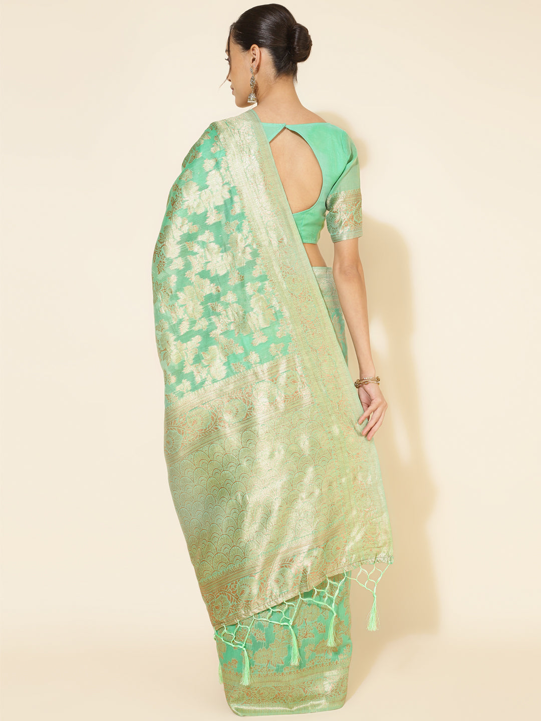 Janasya Green Chanderi Silk Floral Woven Design Saree | Swadesiicart