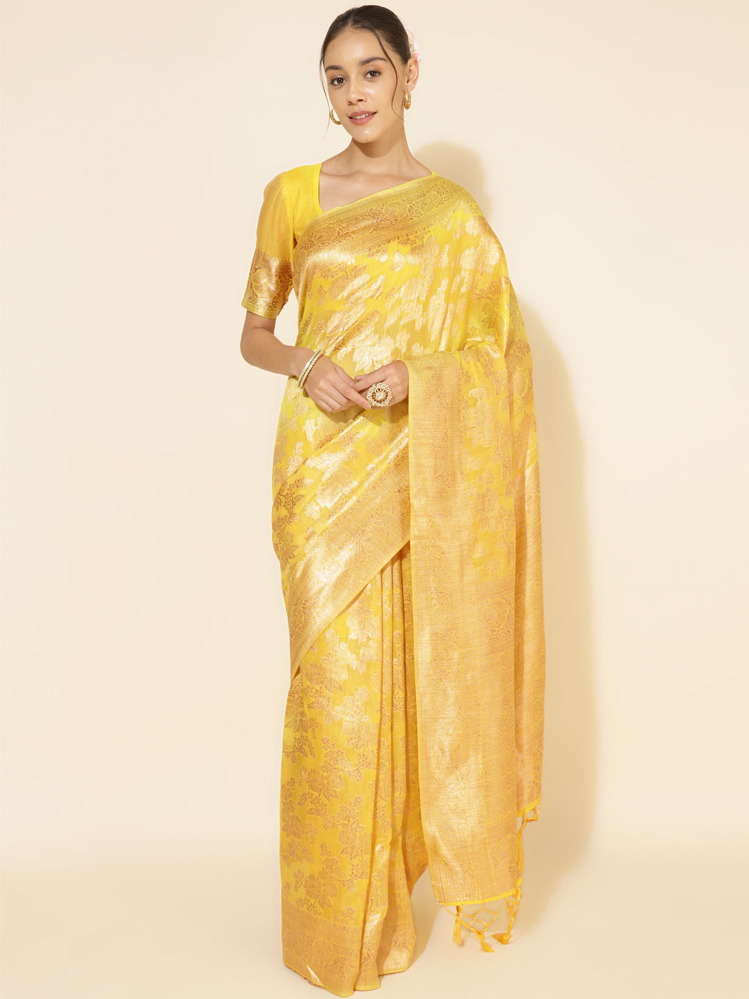 Janasya Yellow Chanderi Silk Floral Woven Design Saree | Swadesiicart