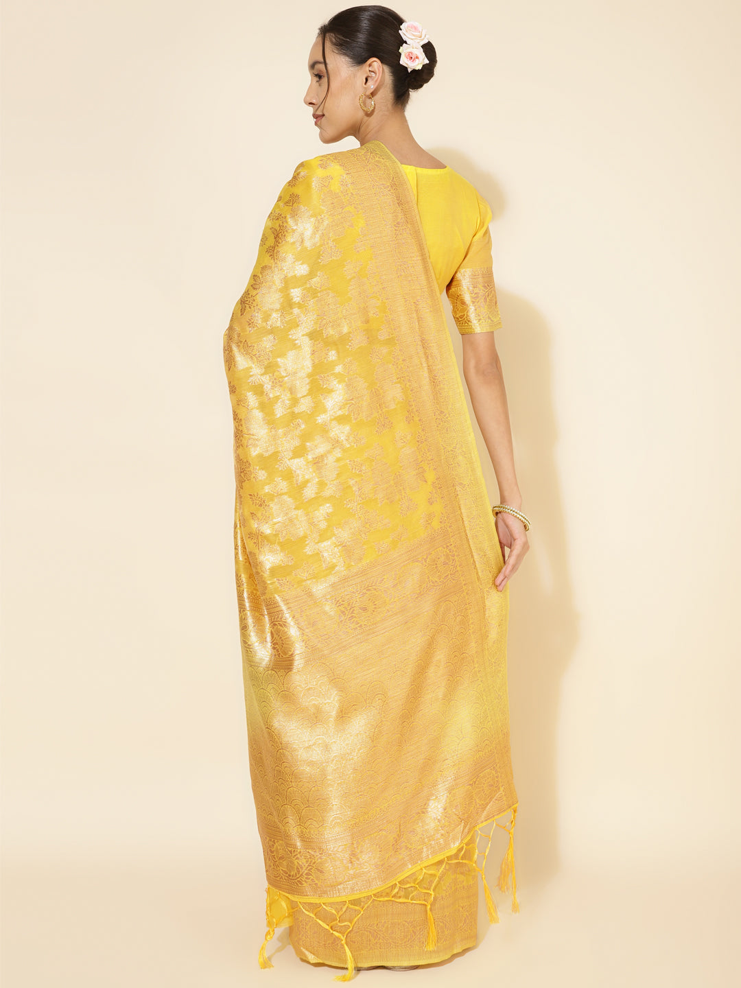 Janasya Yellow Chanderi Silk Floral Woven Design Saree | Swadesiicart