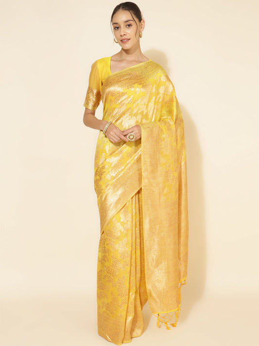 Janasya Yellow Chanderi Silk Floral Woven Design Saree | Swadesiicart