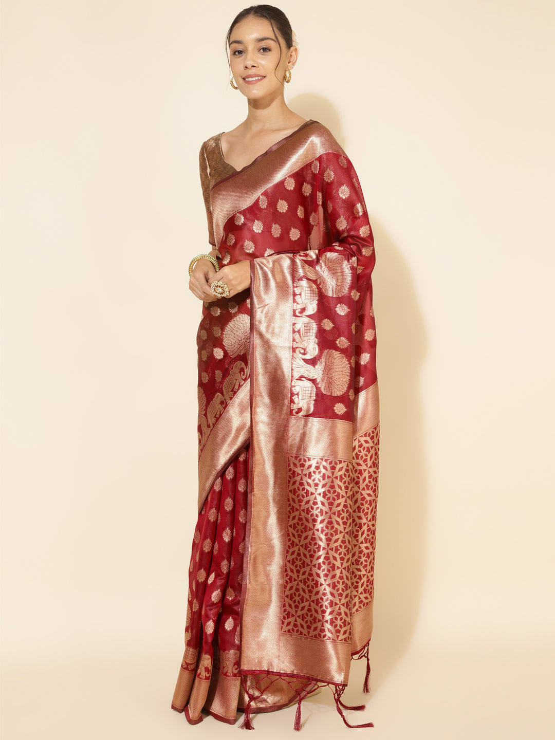 Janasya Maroon Organza Woven Ethnic Motifs Kanjeevaram Saree | Swadesiicart