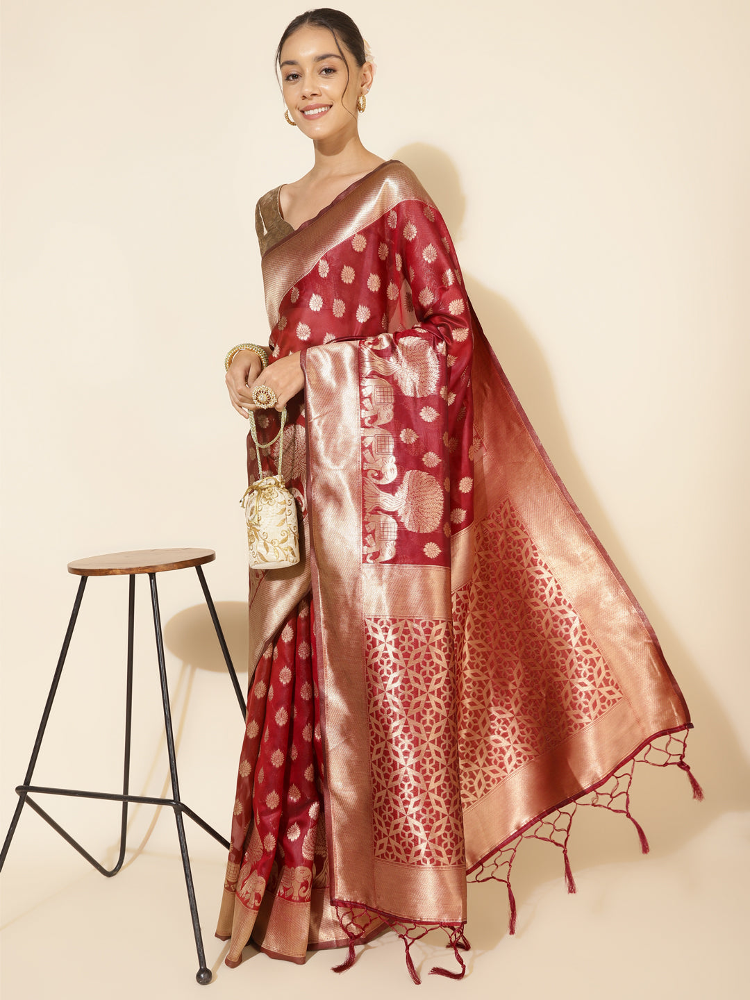 Janasya Maroon Organza Woven Ethnic Motifs Kanjeevaram Saree | Swadesiicart
