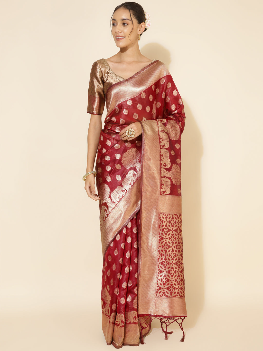 Janasya Maroon Organza Woven Ethnic Motifs Kanjeevaram Saree | Swadesiicart