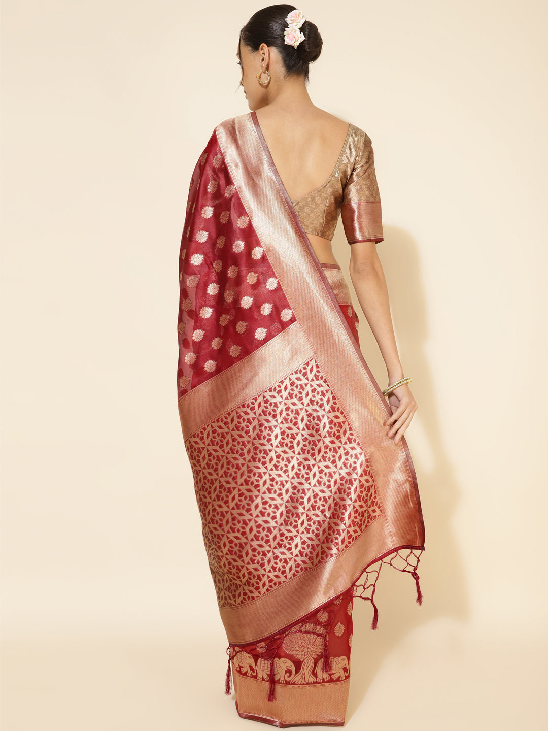 Janasya Maroon Organza Woven Ethnic Motifs Kanjeevaram Saree | Swadesiicart