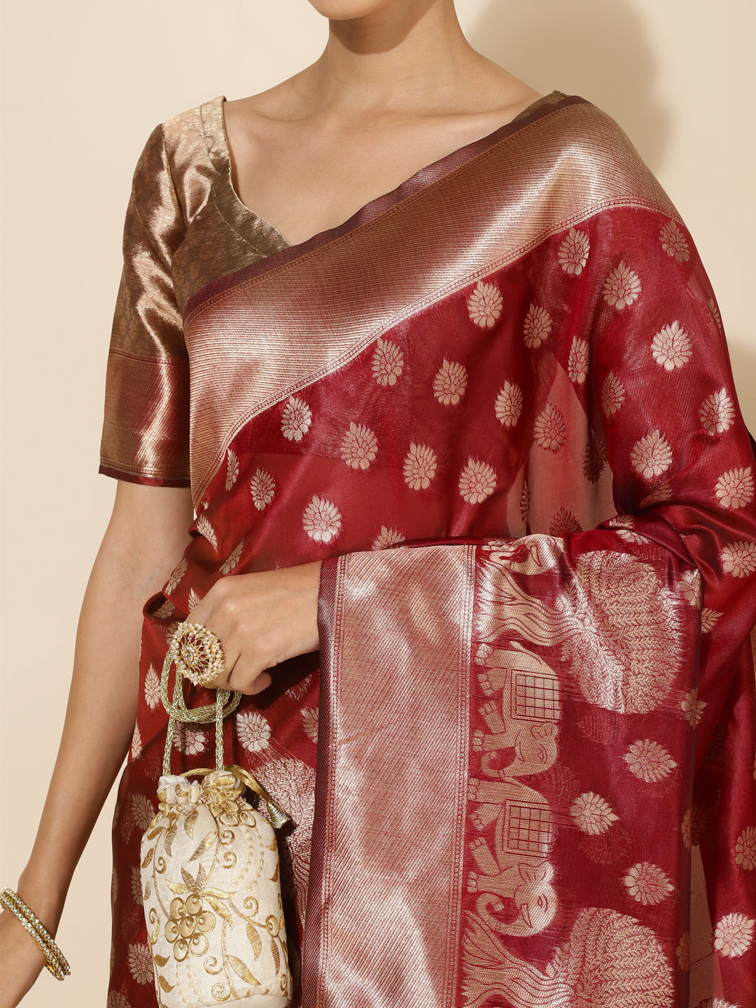 Janasya Maroon Organza Woven Ethnic Motifs Kanjeevaram Saree | Swadesiicart
