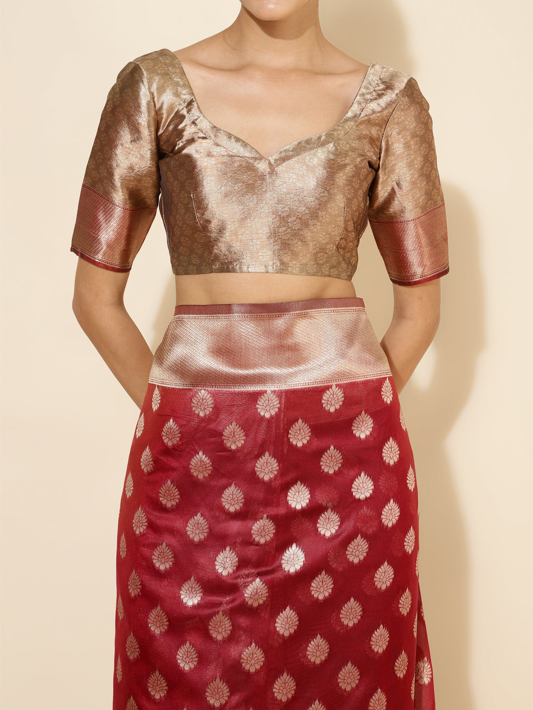 Janasya Maroon Organza Woven Ethnic Motifs Kanjeevaram Saree | Swadesiicart