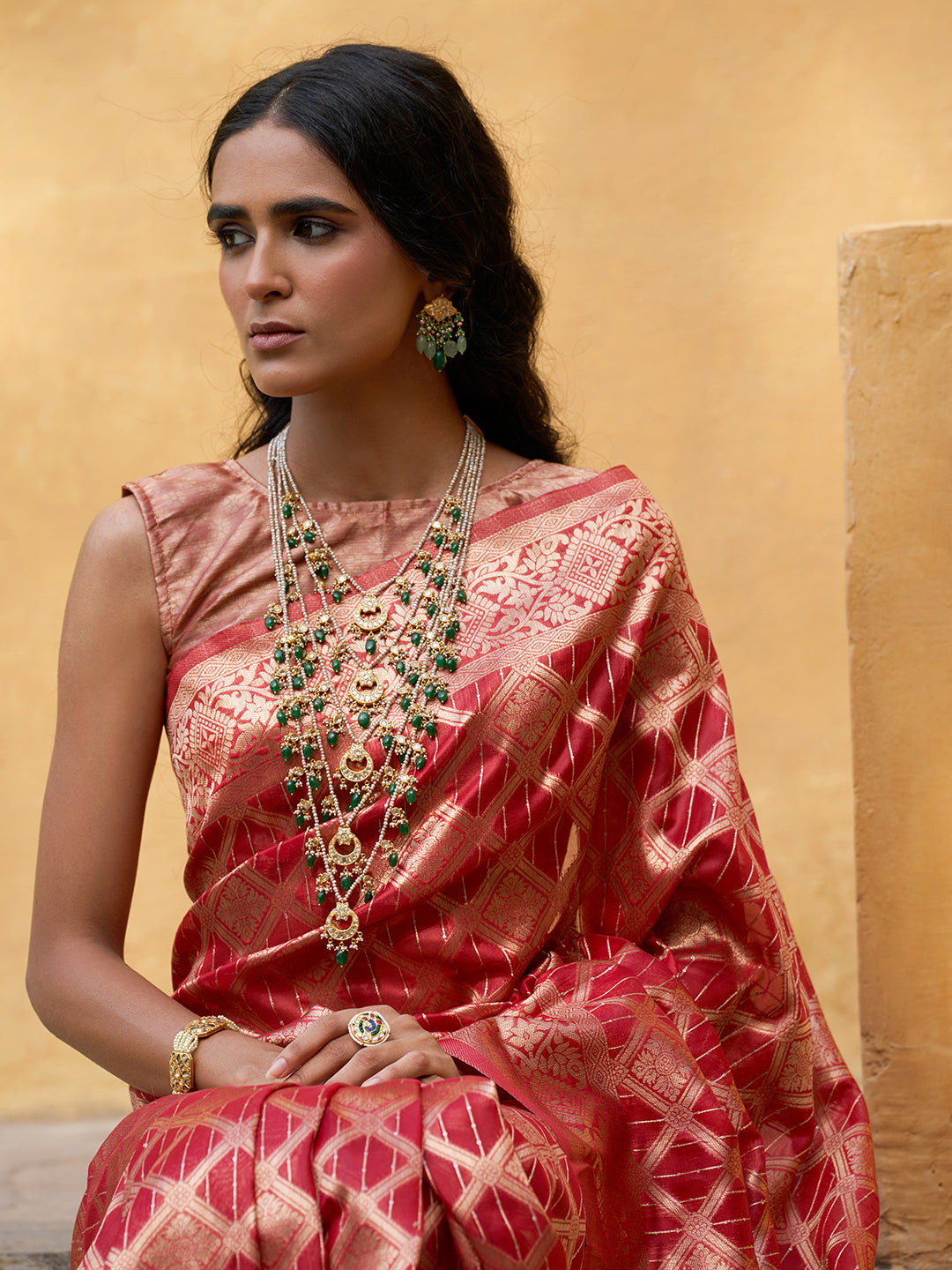 Janasya Red Organza Woven Ethnic Motifs Kanjeevaram Saree | Swadesiicart