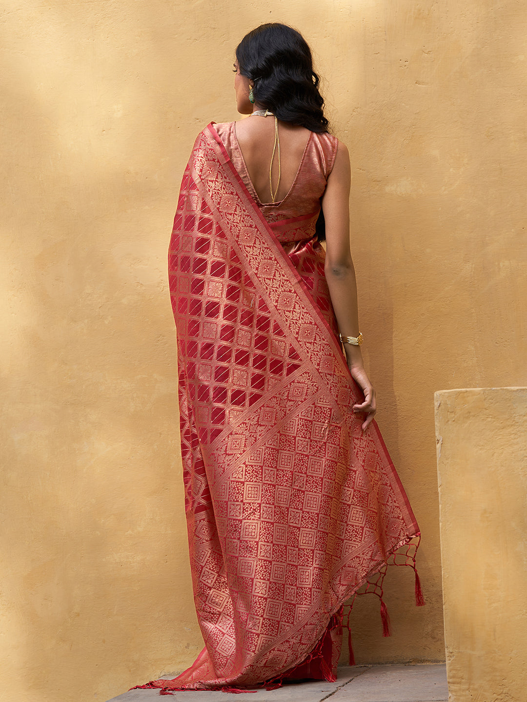Janasya Red Organza Woven Ethnic Motifs Kanjeevaram Saree | Swadesiicart