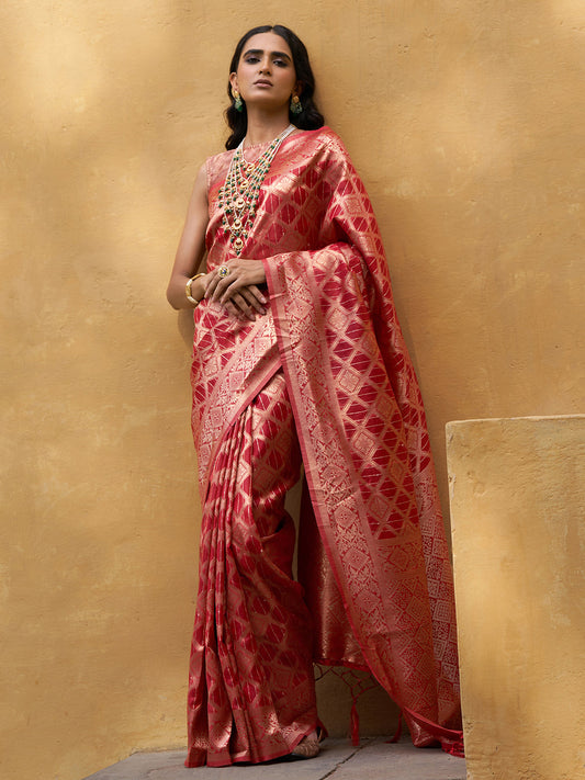 Janasya Red Organza Woven Ethnic Motifs Kanjeevaram Saree | Swadesiicart
