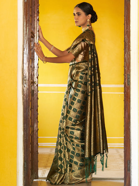 Janasya Dark Green Organza Woven Ethnic Motifs Kanjeevaram Saree | Swadesiicart