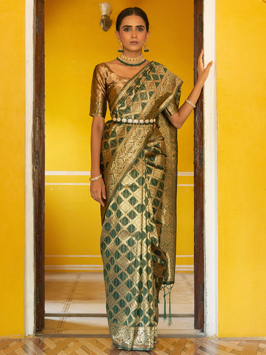 Janasya Dark Green Organza Woven Ethnic Motifs Kanjeevaram Saree | Swadesiicart
