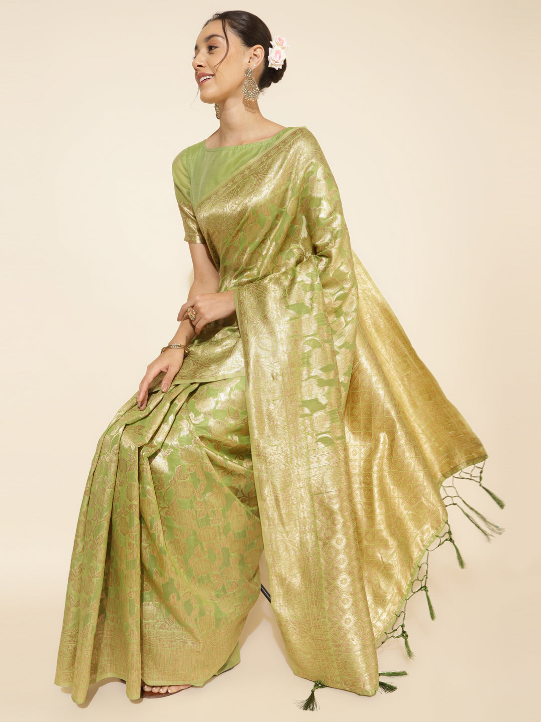 Janasya Light Green Chanderi Silk Floral Woven Design Saree | Swadesiicart
