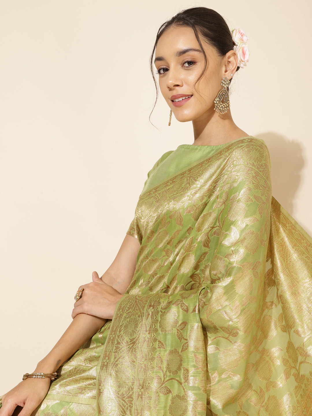 Janasya Light Green Chanderi Silk Floral Woven Design Saree | Swadesiicart