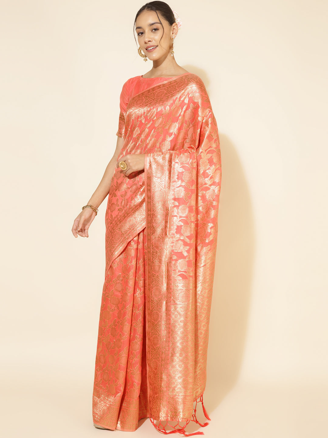 Janasya Peach Chanderi Silk Floral Woven Design Saree | Swadesiicart