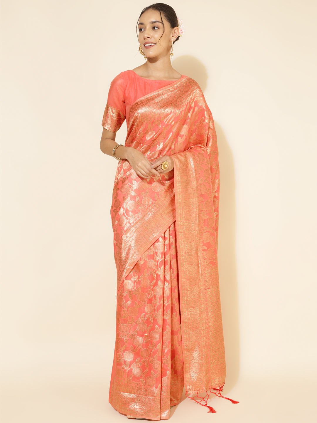 Janasya Peach Chanderi Silk Floral Woven Design Saree | Swadesiicart