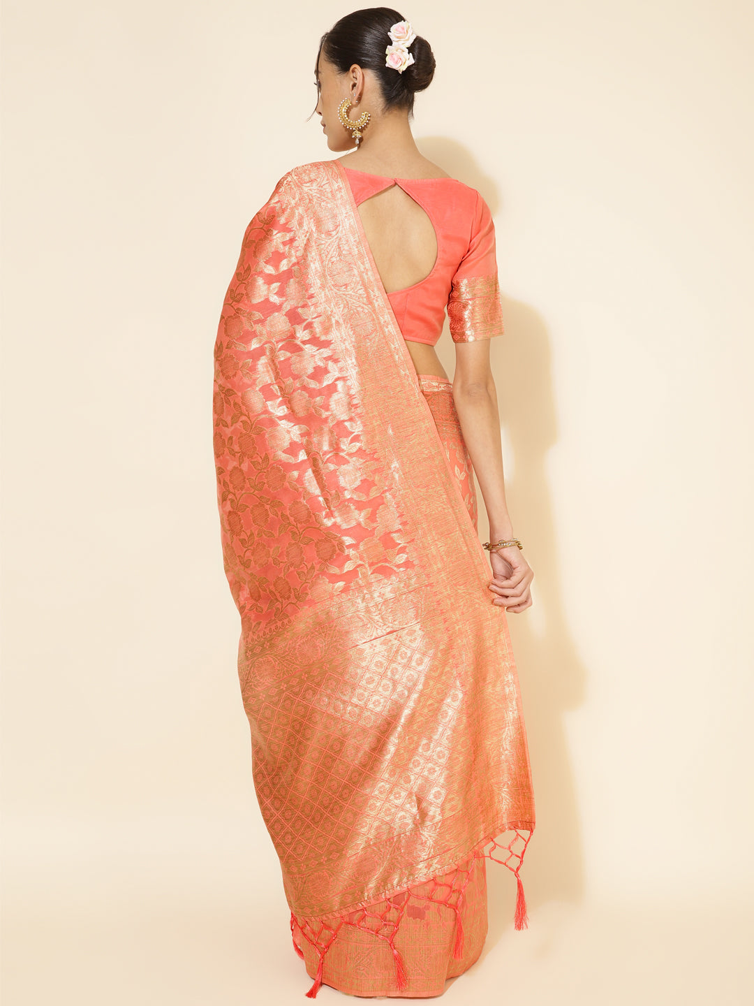 Janasya Peach Chanderi Silk Floral Woven Design Saree | Swadesiicart