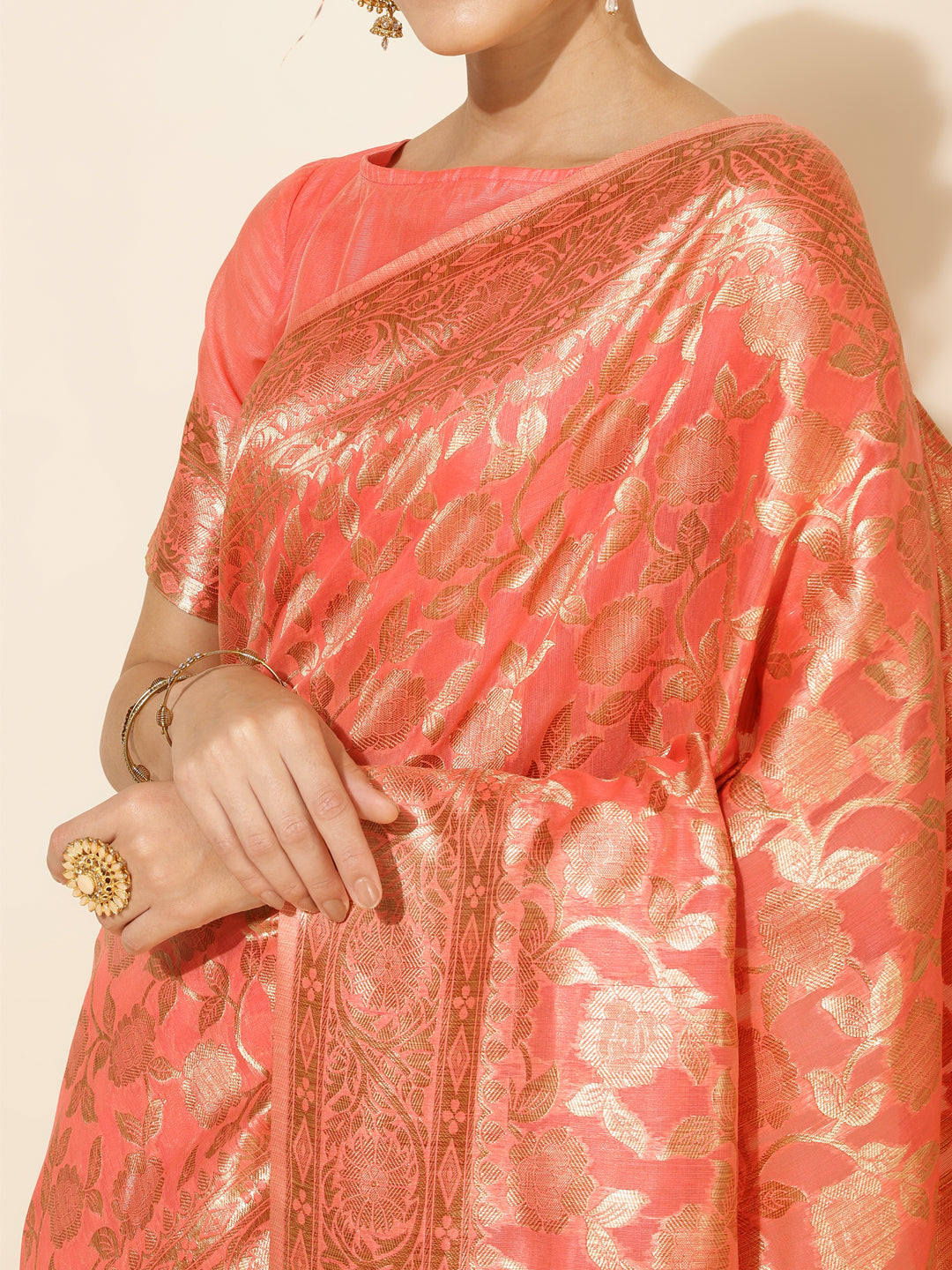 Janasya Peach Chanderi Silk Floral Woven Design Saree | Swadesiicart