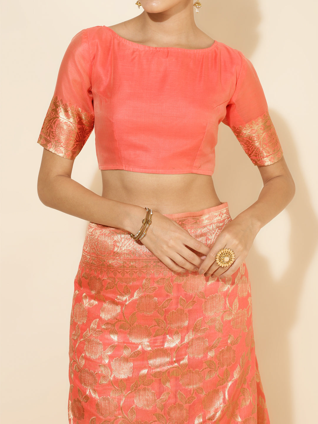 Janasya Peach Chanderi Silk Floral Woven Design Saree | Swadesiicart