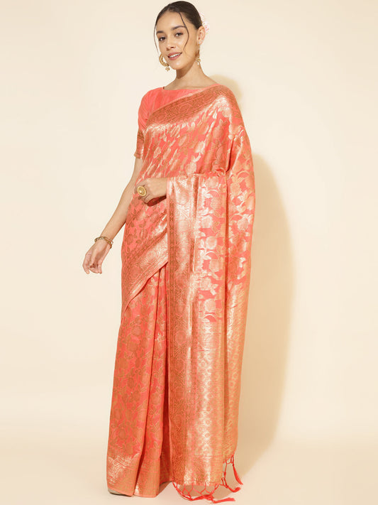 Janasya Peach Chanderi Silk Floral Woven Design Saree | Swadesiicart