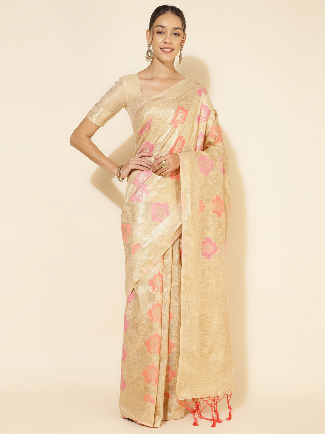 Janasya Cream Chanderi Silk Ethnic Motifs Woven Design Saree | Swadesiicart