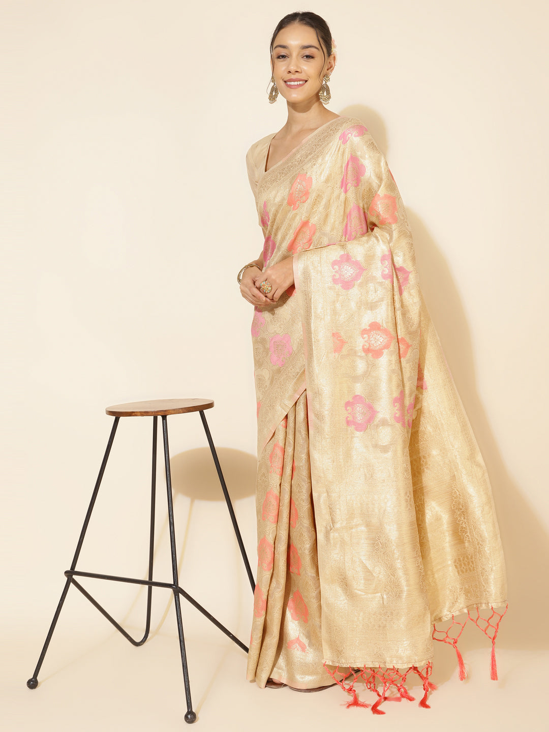 Janasya Cream Chanderi Silk Ethnic Motifs Woven Design Saree | Swadesiicart