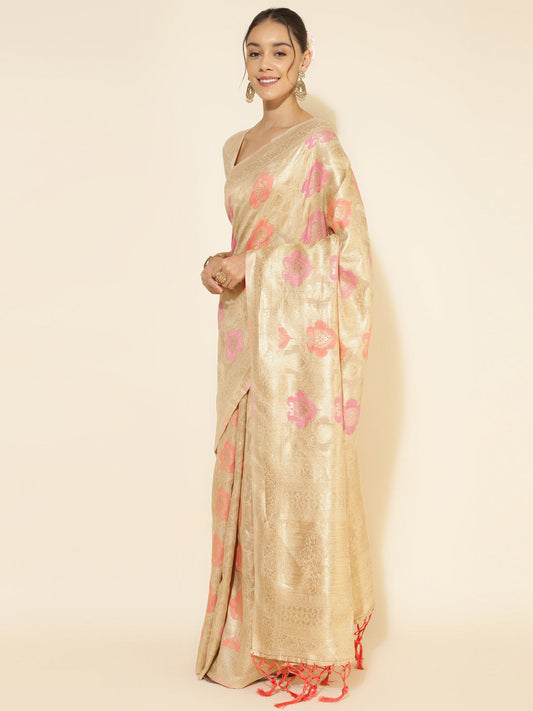 Janasya Cream Chanderi Silk Ethnic Motifs Woven Design Saree | Swadesiicart