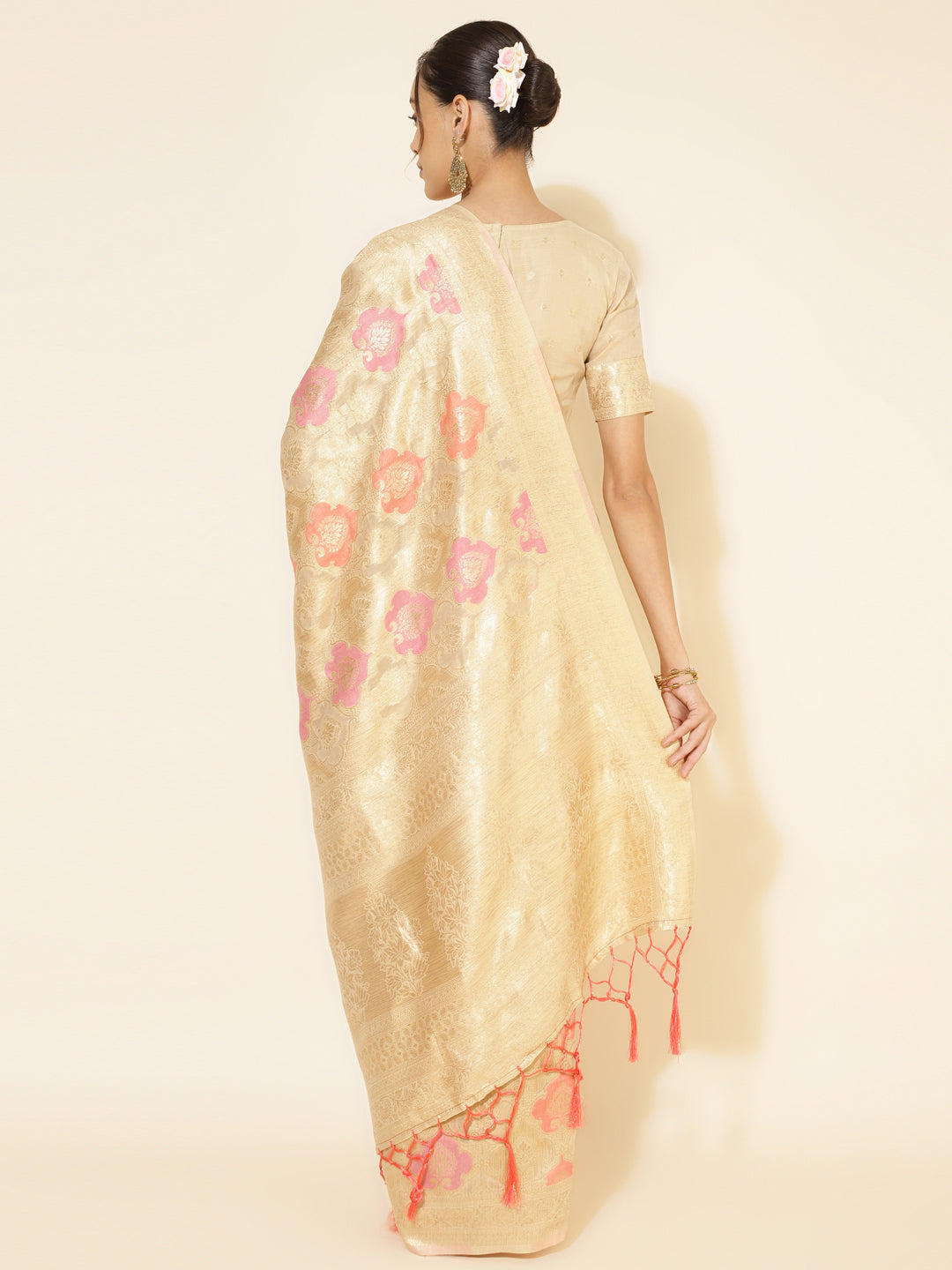 Janasya Cream Chanderi Silk Ethnic Motifs Woven Design Saree | Swadesiicart