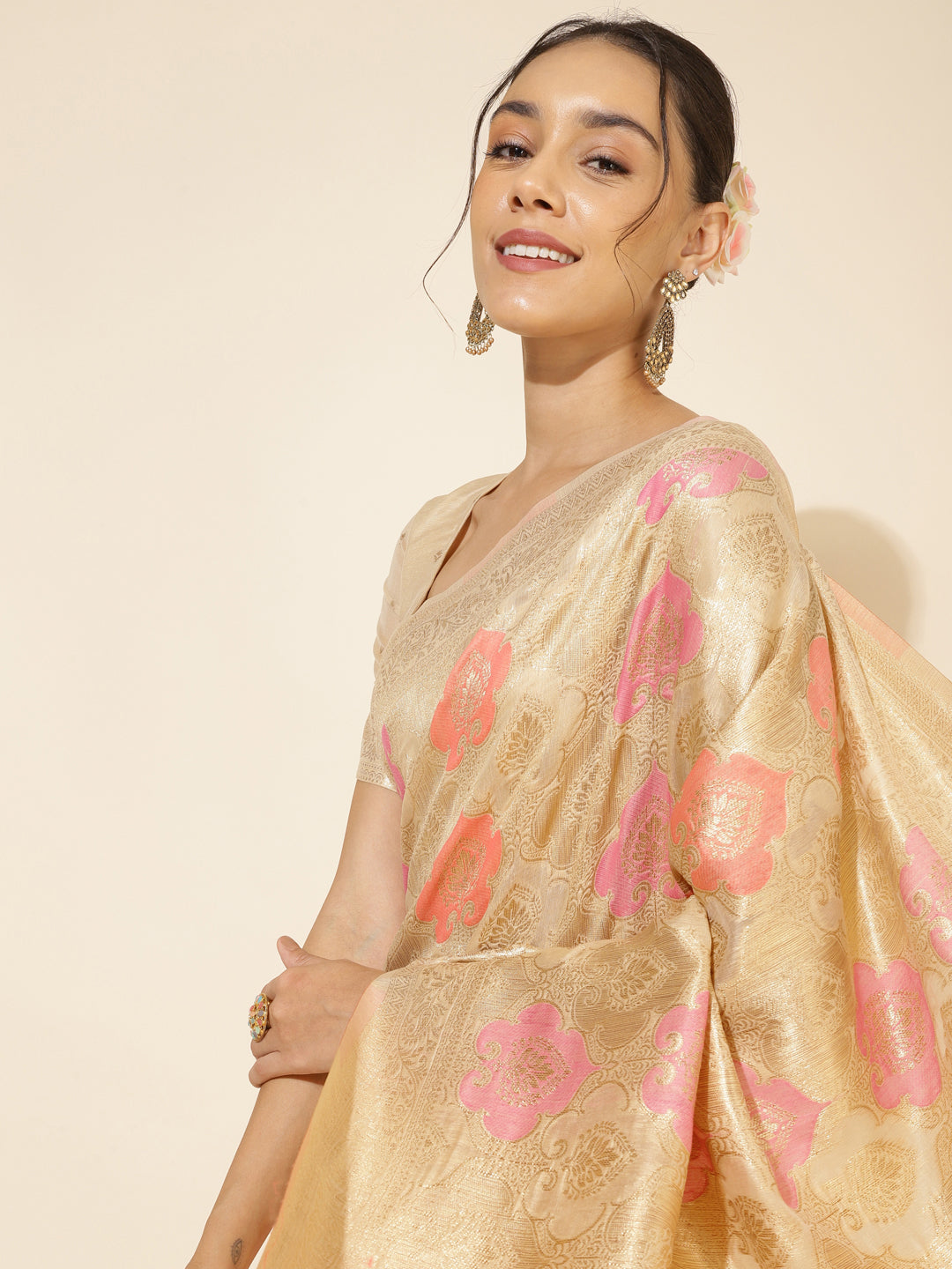 Janasya Cream Chanderi Silk Ethnic Motifs Woven Design Saree | Swadesiicart