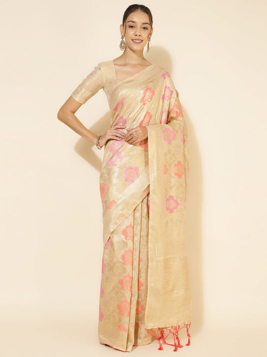 Janasya Cream Chanderi Silk Ethnic Motifs Woven Design Saree | Swadesiicart
