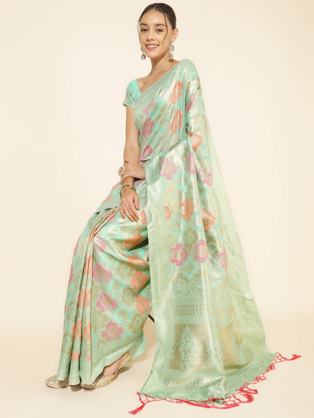 Janasya Sea Green Chanderi Silk Ethnic Motifs Woven Design Saree | Swadesiicart