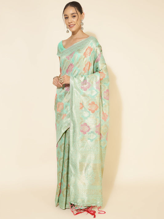 Janasya Sea Green Chanderi Silk Ethnic Motifs Woven Design Saree | Swadesiicart