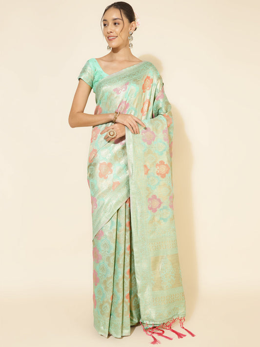 Janasya Sea Green Chanderi Silk Ethnic Motifs Woven Design Saree | Swadesiicart