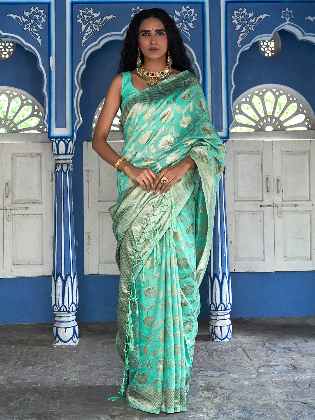 Janasya Sea Green Chanderi Silk Floral Woven Design Saree | Swadesiicart
