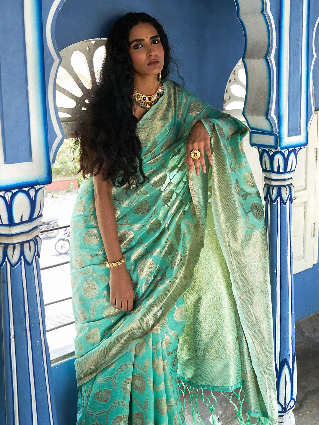 Janasya Sea Green Chanderi Silk Floral Woven Design Saree | Swadesiicart