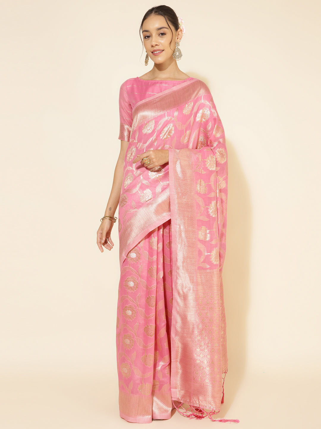 Janasya Pink Chanderi Silk Floral Woven Design Saree | Swadesiicart