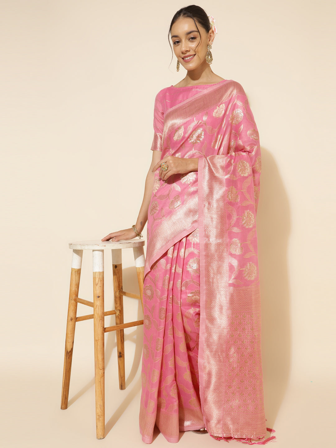 Janasya Pink Chanderi Silk Floral Woven Design Saree | Swadesiicart