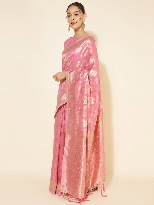 Janasya Pink Chanderi Silk Floral Woven Design Saree | Swadesiicart