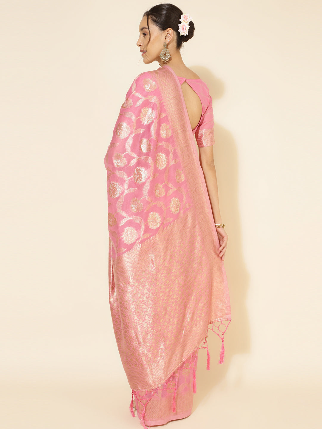Janasya Pink Chanderi Silk Floral Woven Design Saree | Swadesiicart