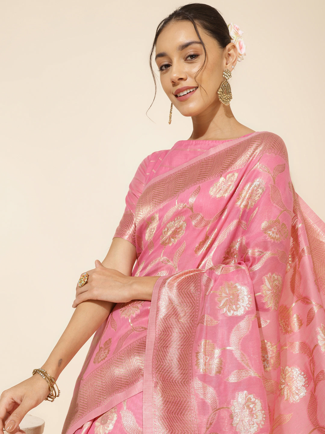 Janasya Pink Chanderi Silk Floral Woven Design Saree | Swadesiicart