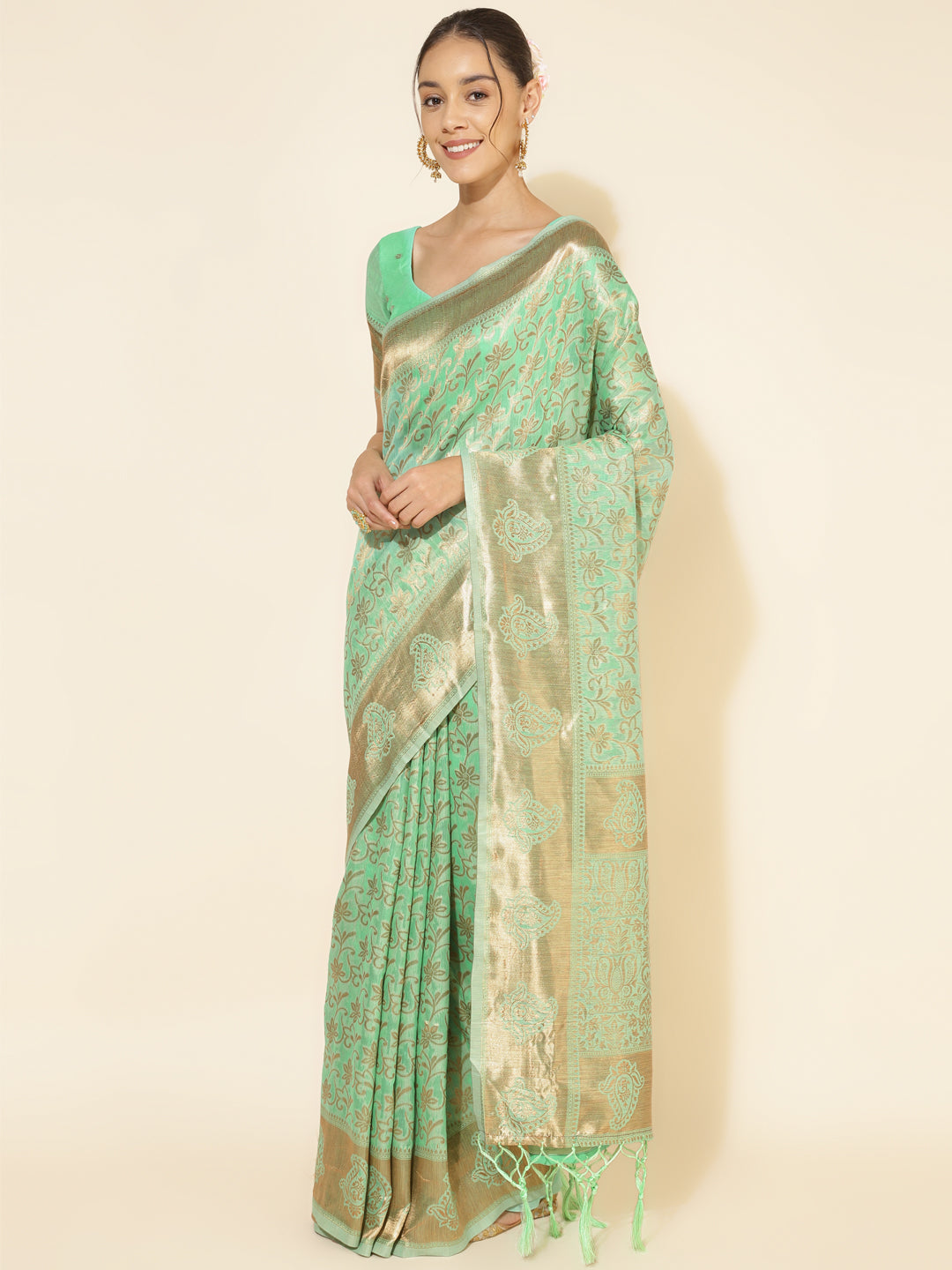 Janasya Light Green Chanderi Silk Floral Woven Design Saree | Swadesiicart