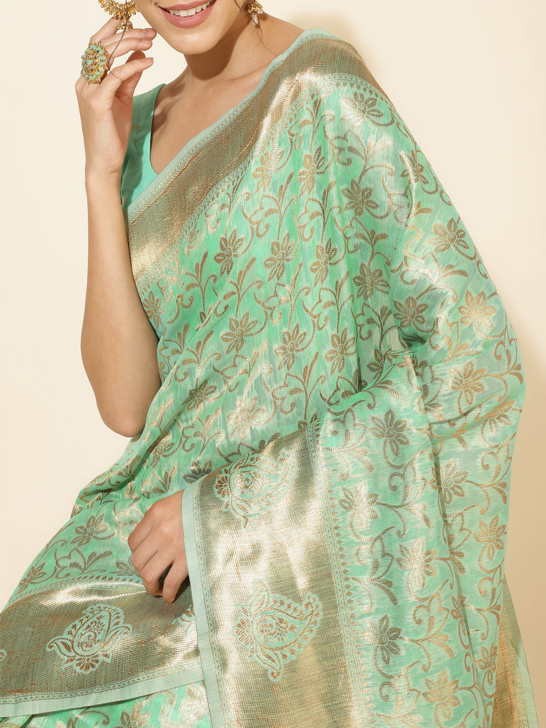 Janasya Light Green Chanderi Silk Floral Woven Design Saree | Swadesiicart