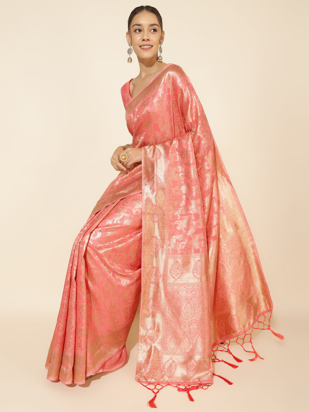 Janasya Peach Chanderi Silk Floral Woven Design Saree | Swadesiicart