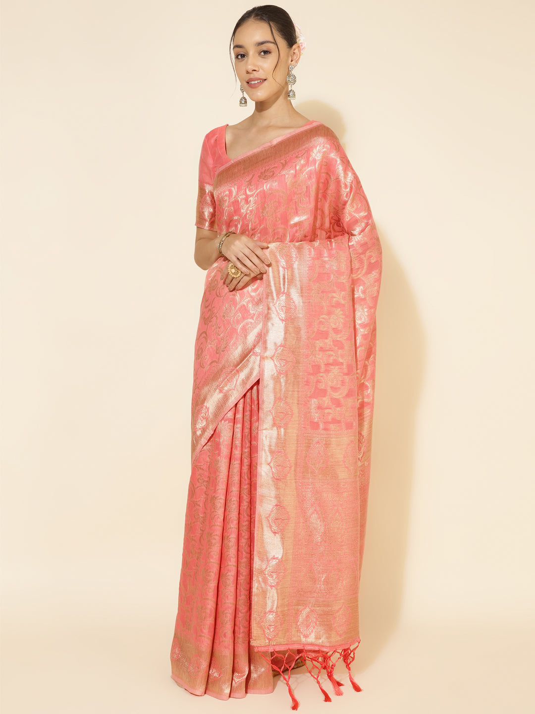 Janasya Peach Chanderi Silk Floral Woven Design Saree | Swadesiicart
