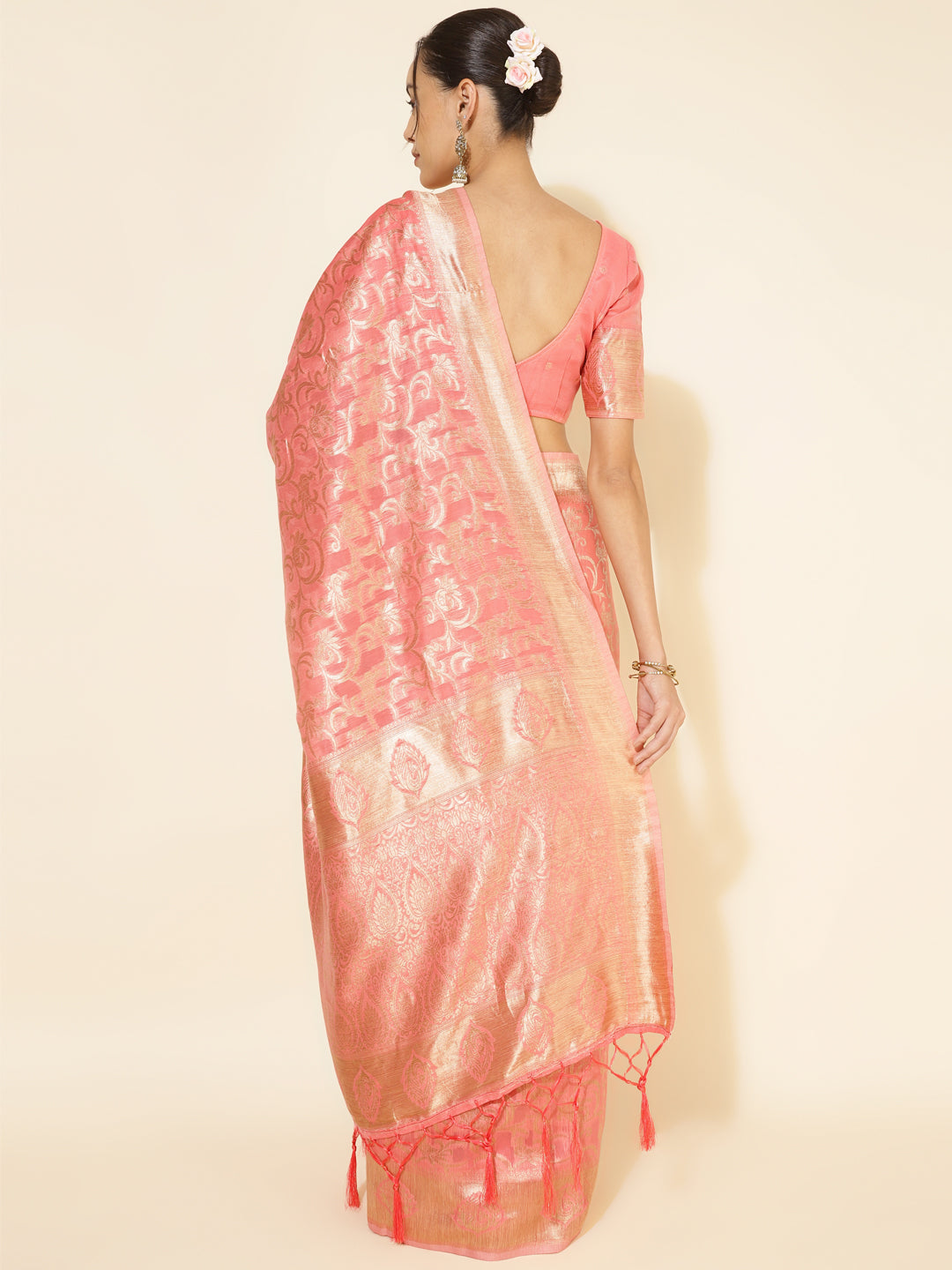 Janasya Peach Chanderi Silk Floral Woven Design Saree | Swadesiicart