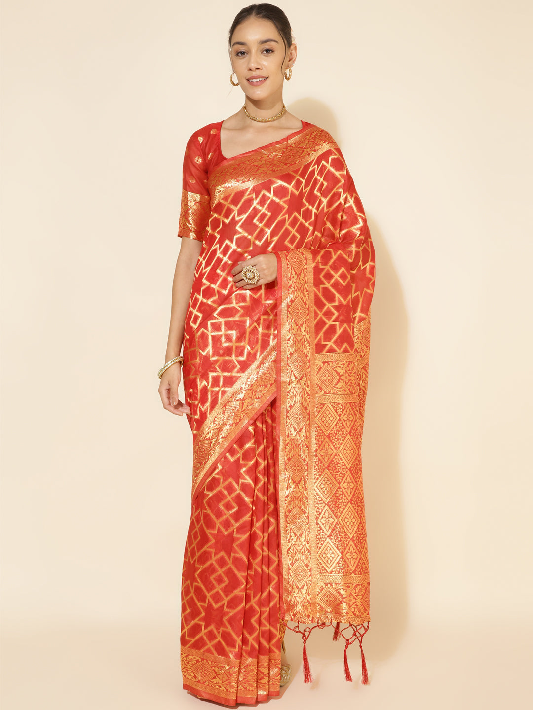 Janasya Red Chanderi Silk Woven Geometric Chanderi Silk Saree | Swadesiicart