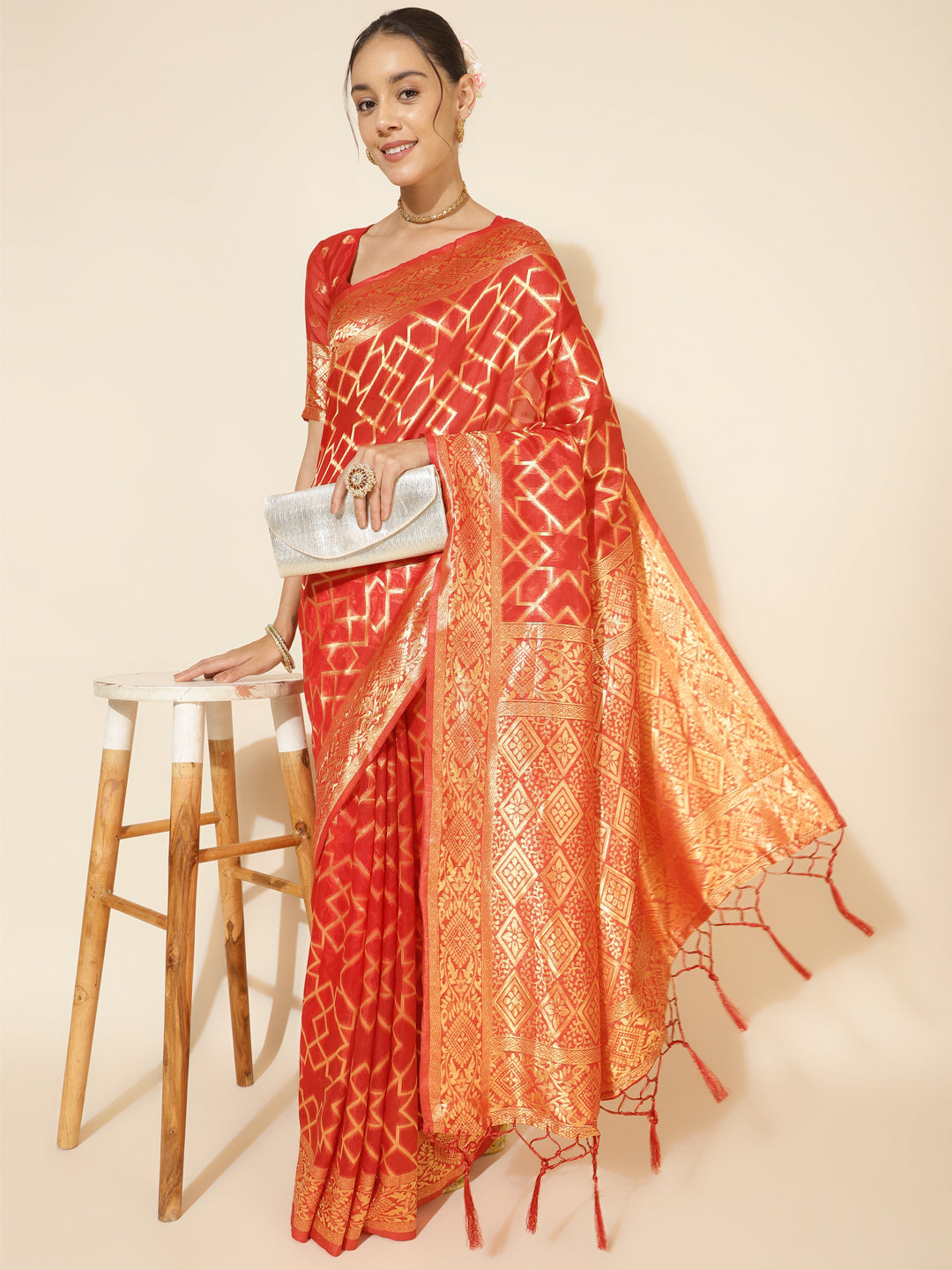 Janasya Red Chanderi Silk Woven Geometric Chanderi Silk Saree | Swadesiicart