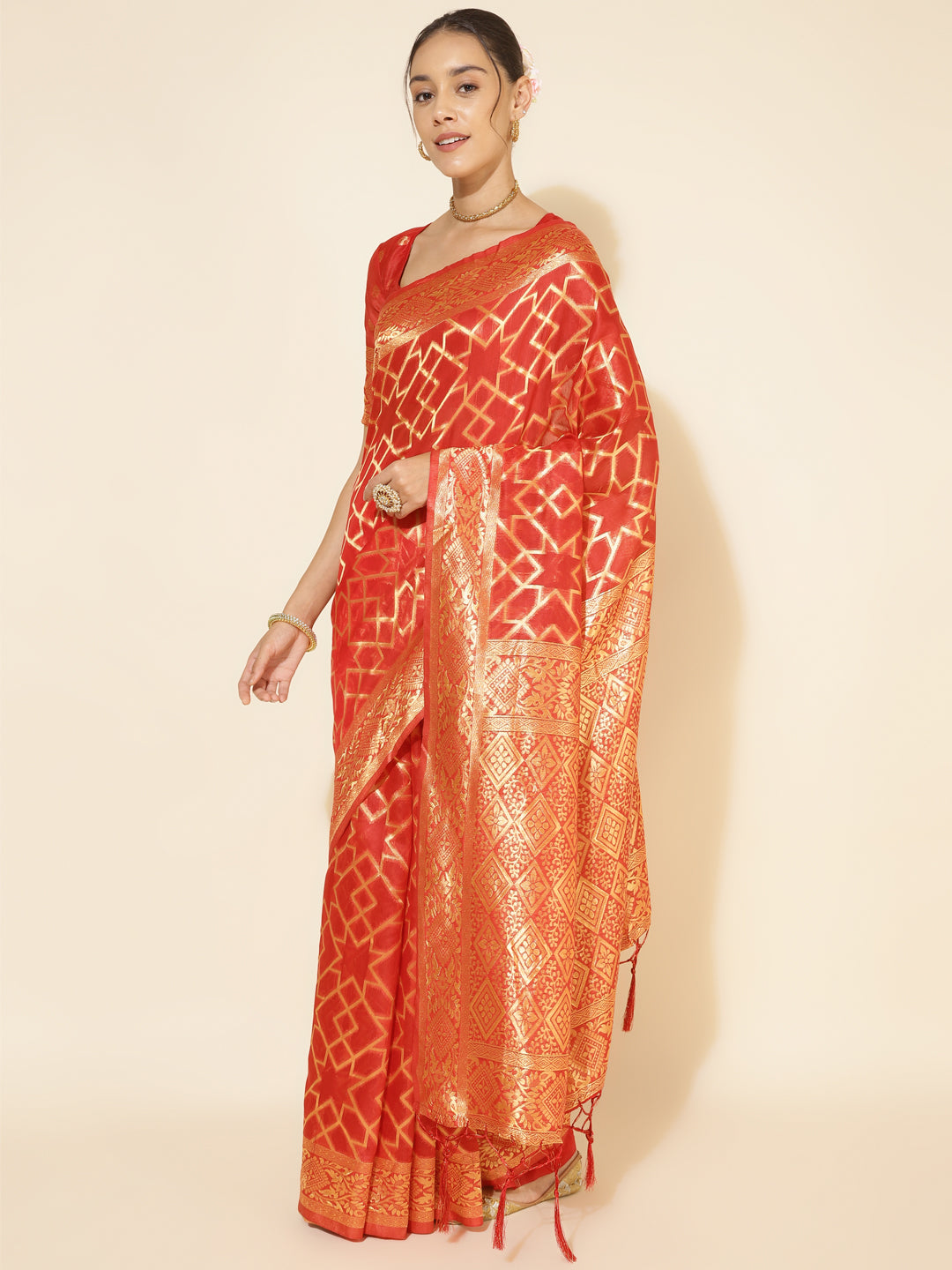 Janasya Red Chanderi Silk Woven Geometric Chanderi Silk Saree | Swadesiicart
