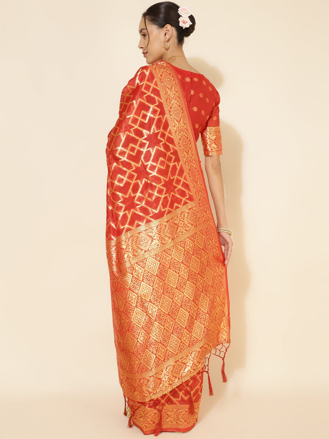 Janasya Red Chanderi Silk Woven Geometric Chanderi Silk Saree | Swadesiicart