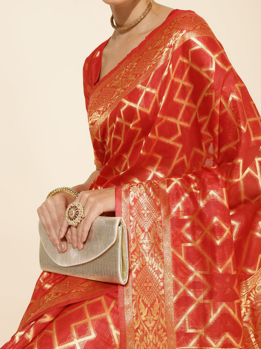 Janasya Red Chanderi Silk Woven Geometric Chanderi Silk Saree | Swadesiicart